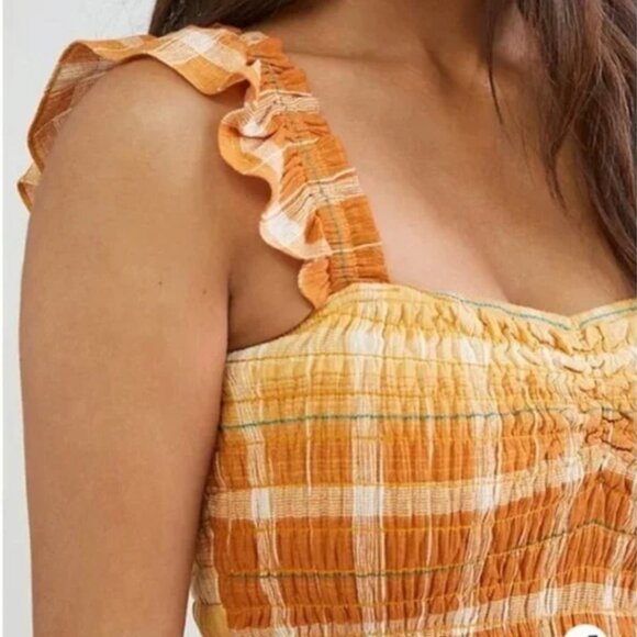 Anthropologie Maxi Dress – Orange Plaid, Tiered, Smocked Bodice, Ruffle Straps - Picture 3 of 8